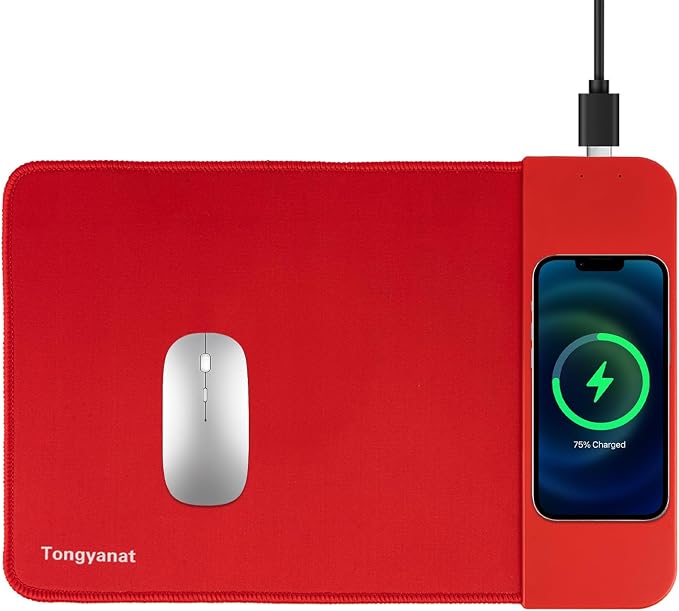 15W Wireless Charging Mouse Pad, 2 in 1 Desk Pad with Non-Slip Rubber Base, Fast Qi Wireless Charger for iPhone/Computers/Home Charging Devices, 12.8 * 8.5in Mouse Pad - Red by Tongyanat