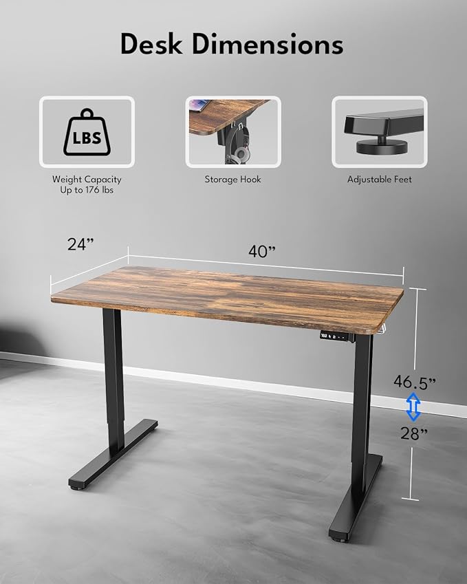 Electric Standing Desk, Gaming Desk, 40 x 24 Inch, Rustic Brown | Height Adjustable Computer Desk with Smart Controller, Sit and Stand Up Table for Home, Office, Work, Study, Writing - Image 2