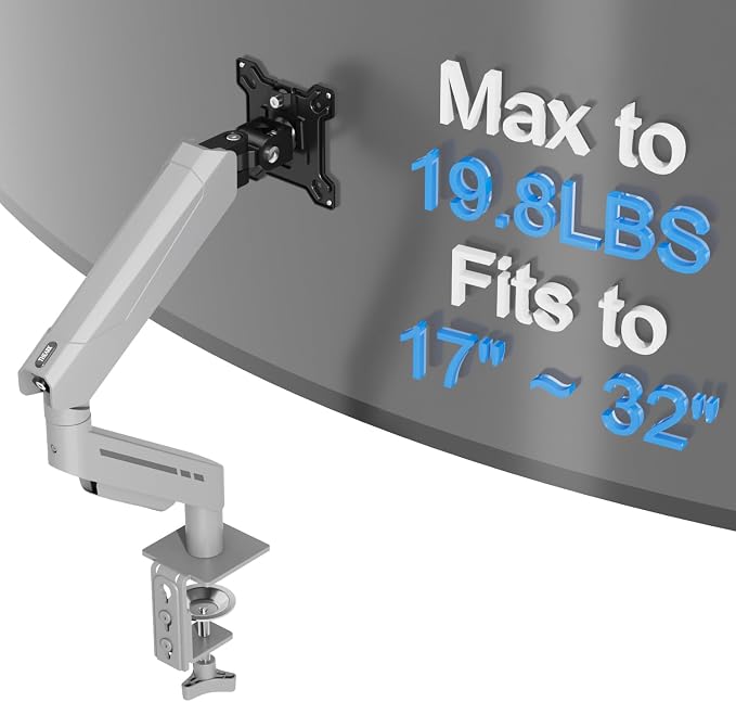 THEARK Single Monitor Desk Mount 17"-32" Screens - Adjustable Mechanical Monitor Arm Computer Monitor Stand up to 19.8 lbs,VESA Arm Desk Mount with C-Clamp and Grommet Base,VESA 75x75/100x100mm,Silver - Image 4