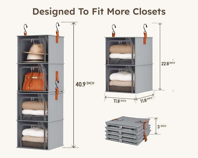Homsorout 4-Tier Modular Hanging Closet Organizer Shelves Grey | 40.9" Height, 2+2 Modular Design, Vertical Closet Storage, Clear Window, Easy Access, Walk-in Closet, Bedroom, Nursery, RV - Image 3