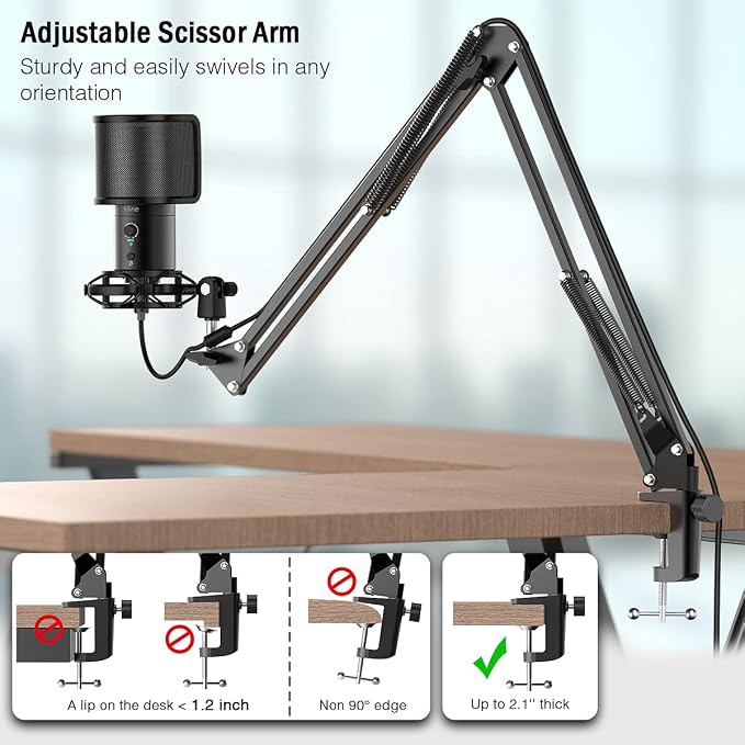 FIFINE T683 USB Microphone Kit with Arm Stand for Podcast, Recording | Studio Mic Bundle for Twitch Discord, Condenser Mic Set for YouTube Zoom, Mute Button & Gain, USB C & A Plug - Image 4