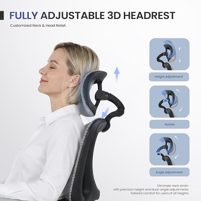 MALOL Ergonomic Mesh Office Chair with Footrest, Executive High Back Computer Desk Chair with 3D Adjustable Headrest & 5-Level Lumbar Support, Reclining Tilt Lock, 3D Arms, 300LBS Capacity, White - Image 6