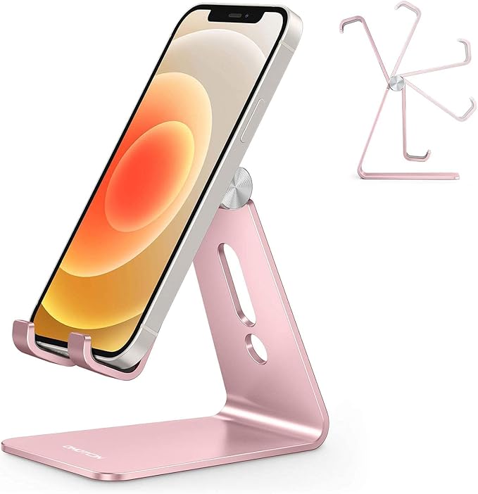 OMOTON Adjustable Cell Phone Stand, C2 Aluminum Desktop Phone Holder Dock Compatible with iPhone 15 14 13 Xs XR 8 Plus 7 6, Samsung Galaxy, Google Pixel, Android Phones, Rose Gold | Sturdy 3mm Aluminum, Charging Port, 270° Adjustable, Non-Slip Silicone... by OMOTON