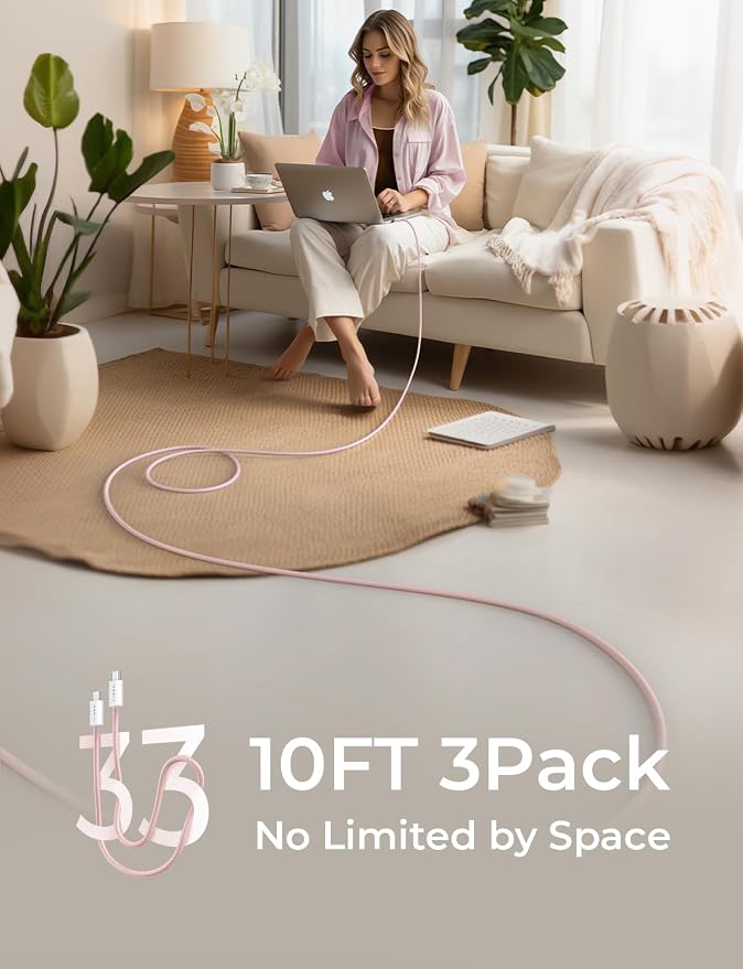 LISEN USB C Cable, 3-Pack [10/10/10FT] USBC to USBC Cable for iPhone 16e 15 Pro Max Charger Cord, 60W (3.1A) C to C Cable Fast Charging for Samsung S25/S24/23, Switch 2, iPad, MacBook - Image 2