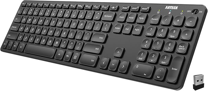 Arteck 2.4G Wireless Keyboard Ultra Slim Full Size Keyboard with Numeric Keypad and Media Hotkey for Computer/Desktop/PC/Laptop/Surface/Smart TV and Windows 10/8/ 7 Built-in Rechargeable Battery by ARTECK