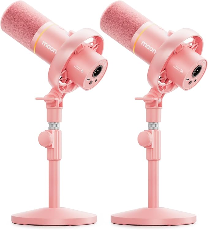 MAONO PD200W Hybrid Wireless Podcast Equipment Bundle for 2 | XLR USB Dynamic Microphone Kit with 2 Desktop Stand, Software, Noise Cancellation, for Co-hosted, Content Creation, Pink by MAONO