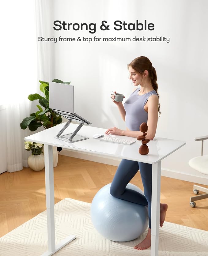 Marsail 55 x 28 inch Glass Standing Desk with 4-Zone Drawer Storage, White | 28.3–46.5 Inch Height Range, One-piece Tempered Glass top, 4 Preset Heights, Sit Stand Design, Ergonomic Home Office Desk - Image 6