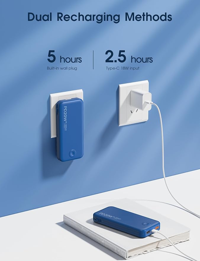 Nusyddy Portable Charger 10000mAh Fast Charging w/Built-in Wall Plug Navy | PD20W Fast Charging, LED Indicator, Pass Through Charging, TSA Approved, Compact/Slim, Power Bank for iPhone/iPad/Samsung - Image 7
