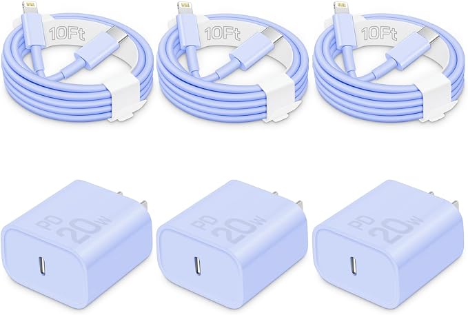 20W Fast Charger for iPhone 14/13/12 [3-Pack, MFi Certified] | USB-C PD power adapter with 10Ft cable, compatible with iPhone 14/13/12/11/Pro Max/Pro/Plus/Mini, iPad & more - Purple by CXX