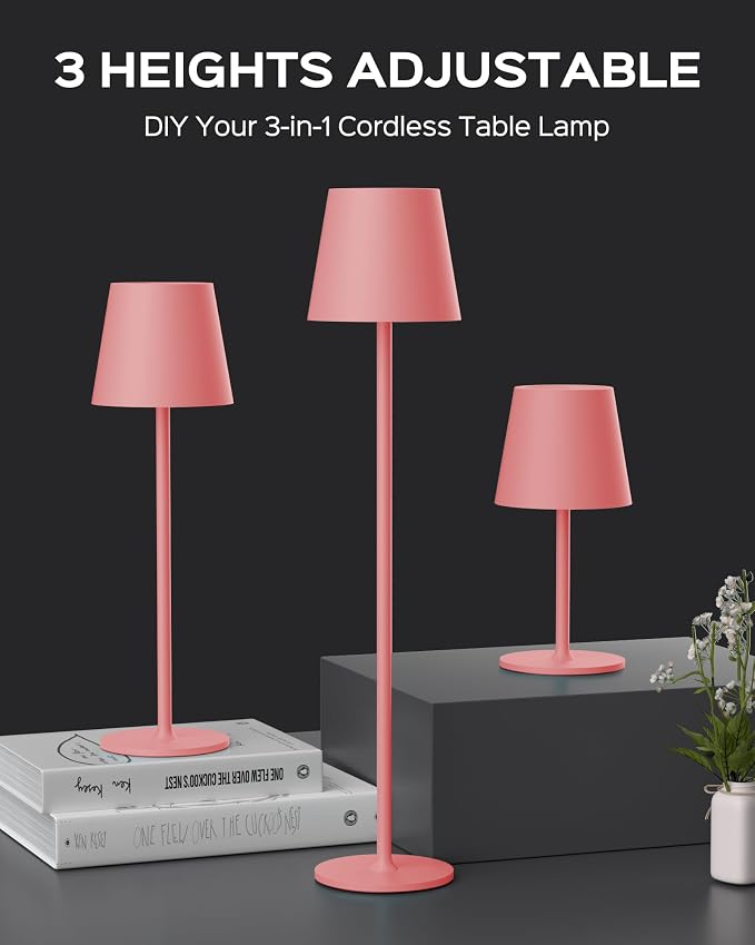 JACKYLED Cordless Table Lamps Rechargeable, 3 Adjustable Height, 5000Capactiy Opwer Operated, 3 Colors Smooth Dimming, Portable LED Waterproof Table Lamp for Dining, Bedroom, Outdoor ((2 Pack Pink) - Image 4