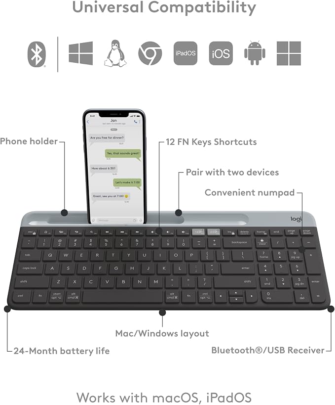 Logitech K585 Slim Wireless Keyboard with Built-in Phone Cradle - Graphite | Bluetooth with included USB receiver, connects 2 devices, cradle can hold smartphone or tablet up to 10 in. in landscape mode - Image 8
