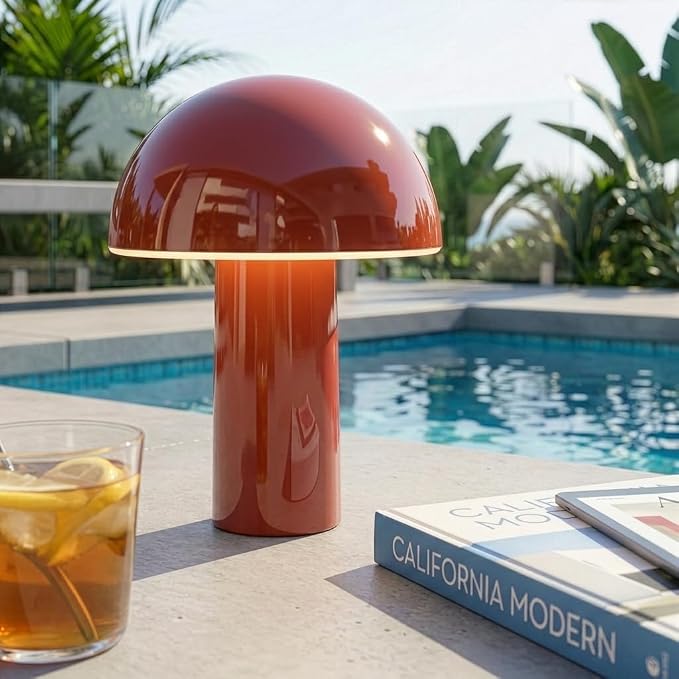 Brightech Celia Mood Lamp – 10" Touch-Controlled Mushroom Table Lamp, Cordless & Dimmable LED, Portable & Rechargeable Bedside Night Light, Sustainable Recycled Modern Patio Lamp for Home Décor – Red - Image 5