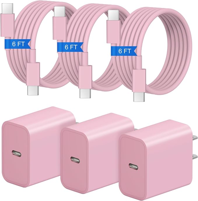 iPhone 17 16 15 Charger Fast Charging 3+3Pack 20W USB C Wall Charger with 6FT Fast Charging Cable Compatible with iPhone 17/17 Air/17 Pro/17 Pro Max/iPhone 16/15 Series, iPad Pro/AirPods -Pink by Coreykin