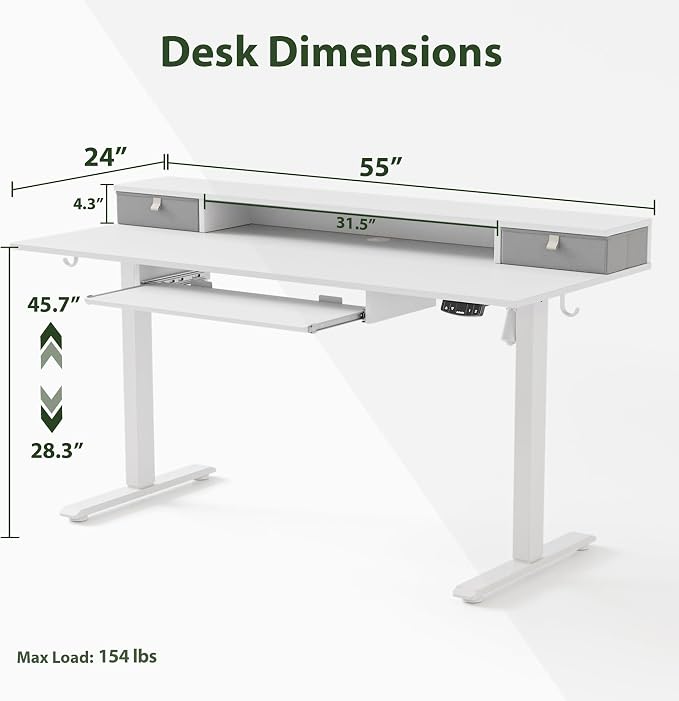 Agilestic 55 Inch Standing Desk with Drawers & Keyboard Tray, White | Electric Height Adjustable, 2 Storage Drawer, Monitor Stand, Sturdy Steel Frame, Memory Presets, Hooks, 154 lbs, Splice Board - Image 4