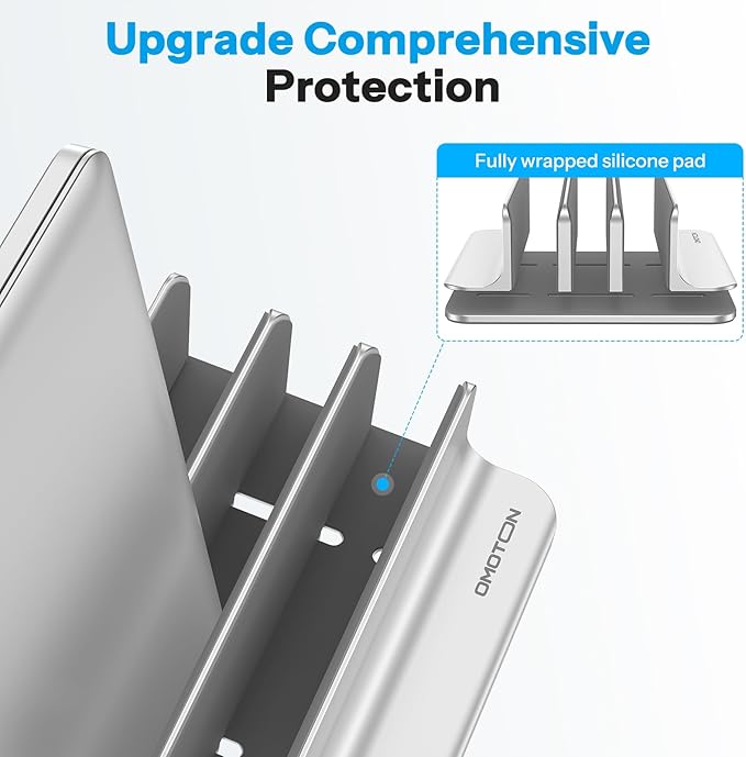OMOTON 3-Slot Multiple Vertical Laptop Stand, Fits MacBook, Bright Silver | Adjustable Width 0-1.38", Aluminum Office Space-Saving for Desk, Fits MacBook/Book/iPad Up to 17.3in - Image 3