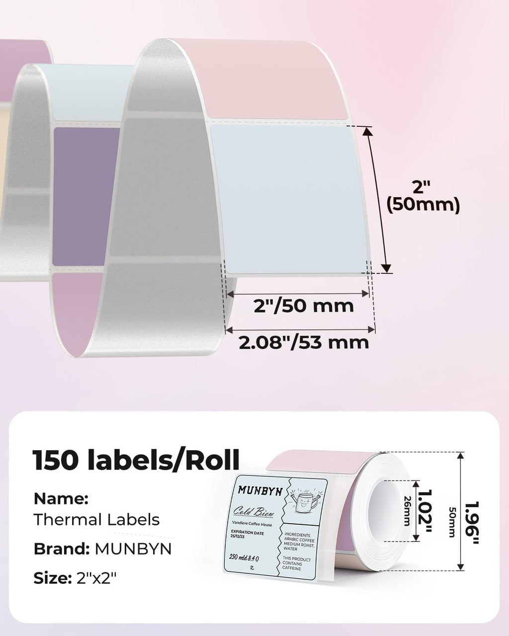 MUNBYN 2 Inch Square Thermal Labels for Canning, 150 Sheets/1 Roll - Image 2