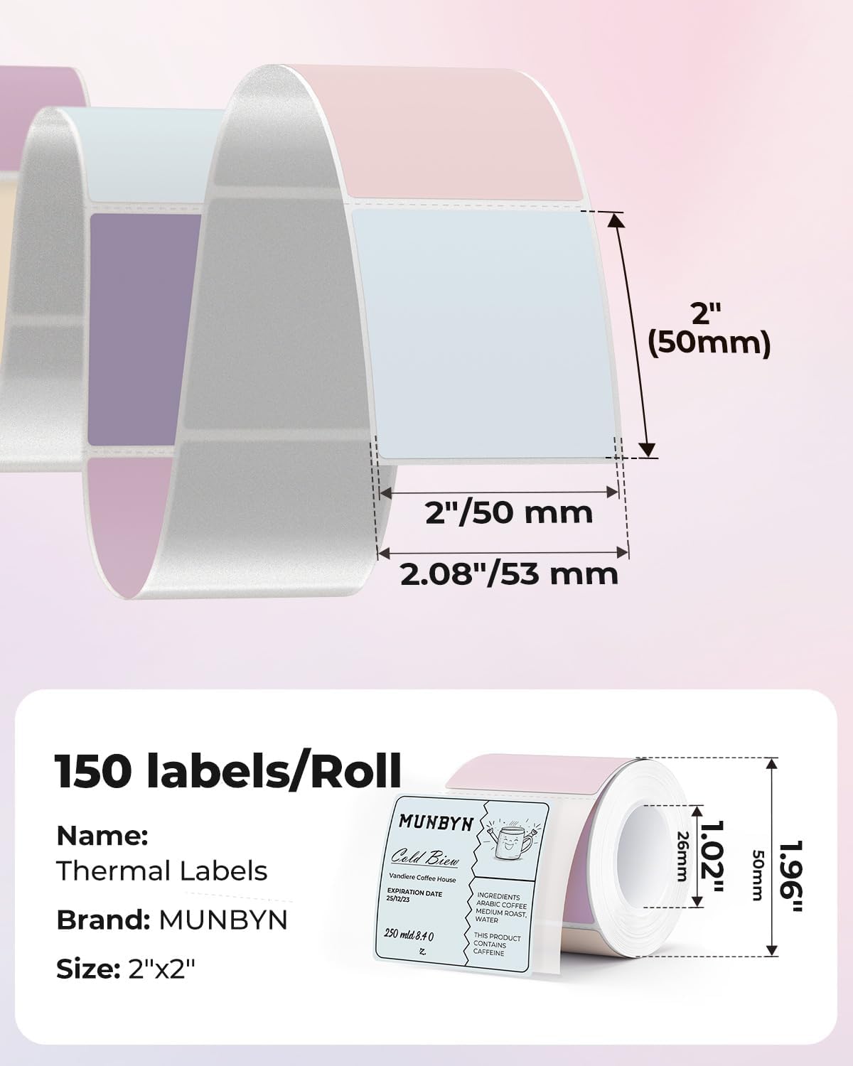MUNBYN 2 Inch Square Thermal Labels for Canning, 150 Sheets/1 Roll - Image 2