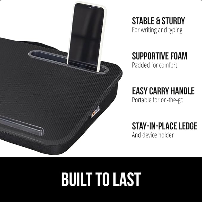 GORILLA GRIP Laptop Lap Desk with Phone Holder, Pillow Cushion Desks Fit Laptops up to 15.6", Tray Ledge Keep Computers in Place, Portable Travel Workstation Essentials for Home, Dorm Room, Black - Image 2