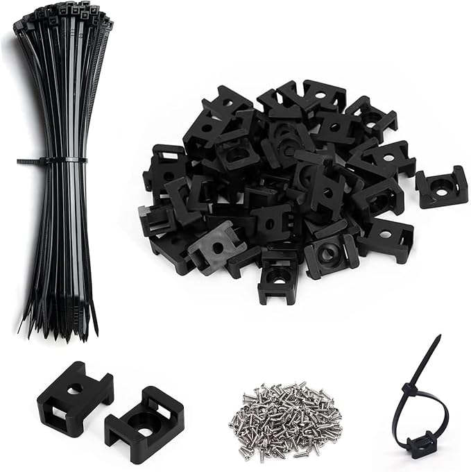 Cable Zip Tie Mounts Kit-50 Pcs Cable Zip Tie Saddle Type Mounts Base with 50 Pcs 8" Cable Ties and 50 Pcs Tapping Screw, Wire Cable Clips Organizer Holders Clamps by Unknown