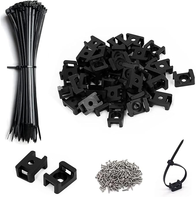 Cable Zip Tie Mounts Kit-100 Pcs Cable Zip Tie Saddle Type Mounts Base with 100 Pcs 8" Cable Ties and 100 Pcs Tapping Screw, Wire Cable Clips Organizer Holders Clamps by Unknown