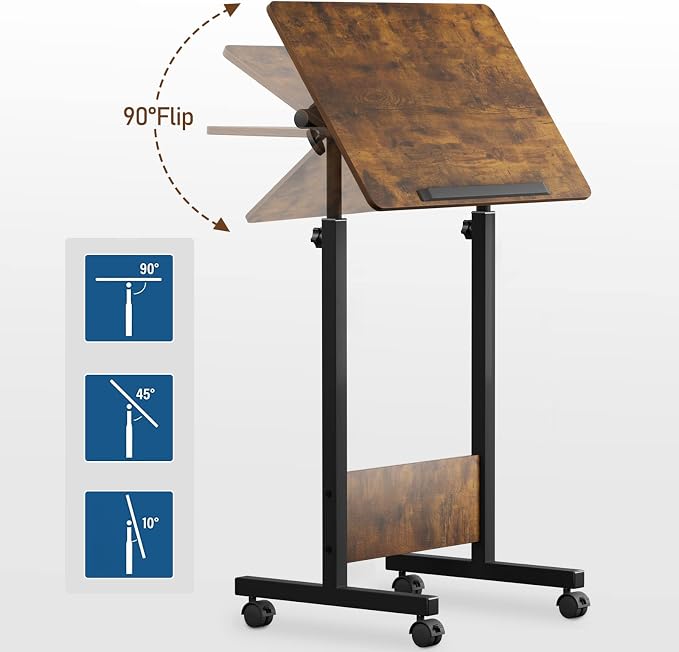 KOUPA Height Adjustable Flip Standing Desk with Wheels,24Inch | Portable Rolling Mobile Desk , 360° Flip Top, Sturdy Steel Frame, for Home Office, Small Spaces,Height 32"-47" Rustic Brown - Image 4