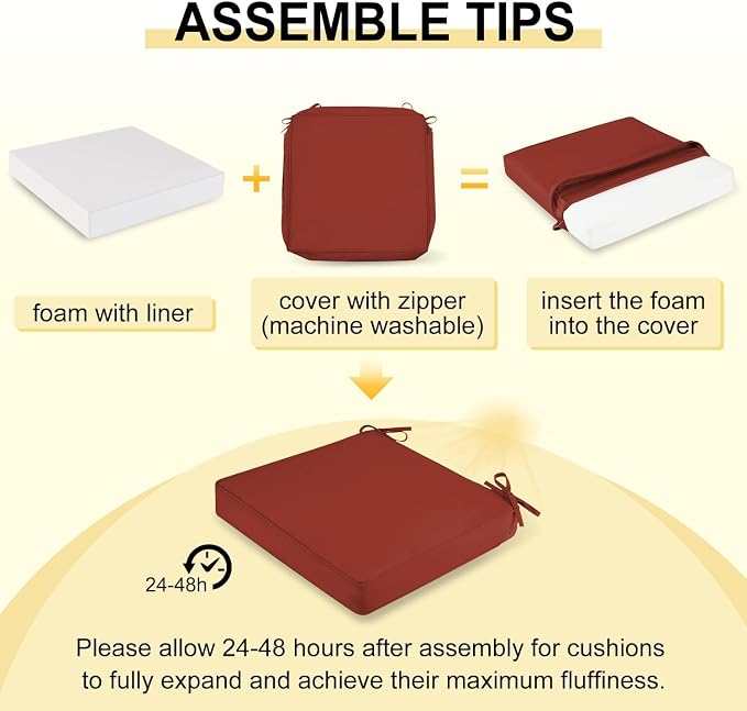 downluxe Waterproof Outdoor Chair Cushions Set of 4, 19" x 19" x 3" Patio Chair Cushion with Non-Slip Ties & Handle, Square Outdoor Cushion for Patio Furniture with Removable Cover, Orange - Image 7