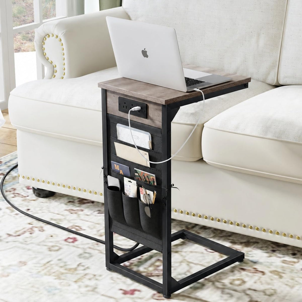 C-Shaped End Table with Fast-Charging Station, Small Couch Side Table with Storage Bag, Sofa TV Tray Table for Living Room, Bedroom, Bedside ET-GY-1 by NEFROM
