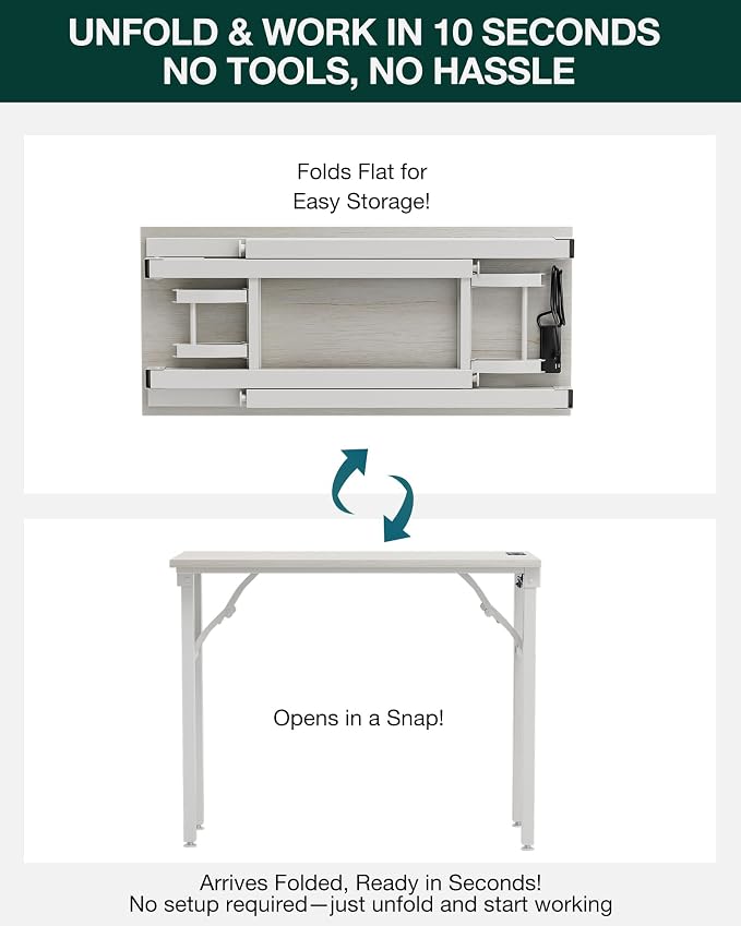 Small Folding Computer Desk – 35.8 Inch Portable Table for Craft and Study, Lightweight Desk for Small Spaces, Foldable Laptop Table Built-in AC/USB Outlets for Convenience, White Ash - Image 3