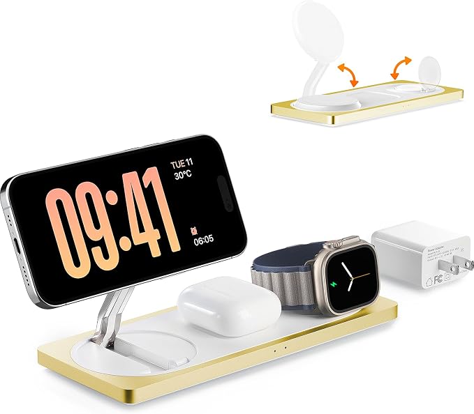 3 in 1 Wireless Charging Station for Apple Devices with MagSafe | For iPhone 17/Air/16/15/14/13/12, AirPods & Apple Watch, Foldable Portable Aluminum Charging Stand, Adapter Included by Petino
