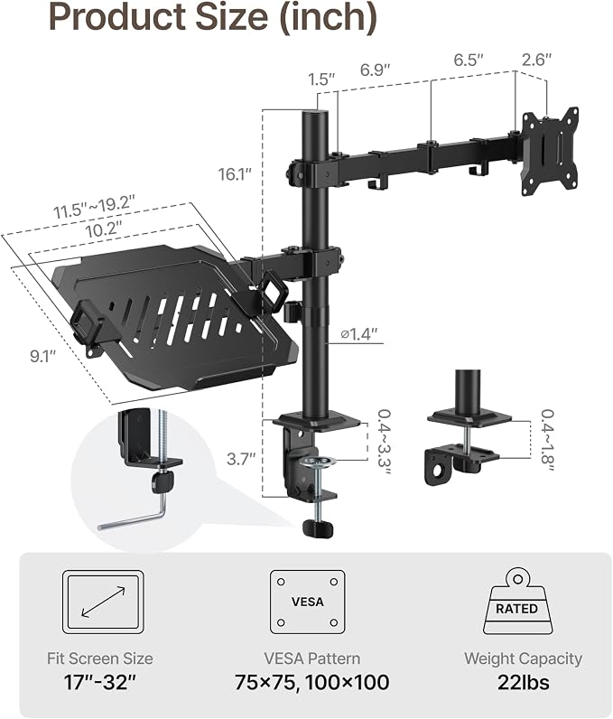 monTEK Monitor and Laptop Stand for 32" Screen and 17" Laptop | 2-in-1 desk mount holds 22 lbs, with height adjustment, tilt, swivel, clamp/grommet bases and VESA 75/100 - Image 9