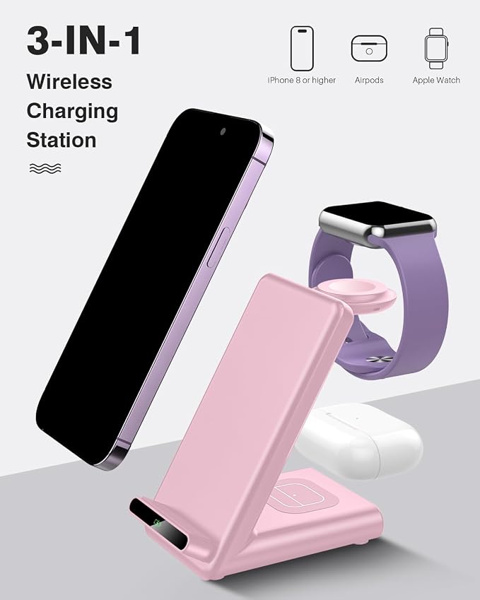 Wireless Charging Station,3 in 1 Charging Stand for Apple Multiple Devices | Fast Wireless Charger for Apple Watch Ultra 11 10 9 8 7 6 SE 5 4 3, for iPhone 17/Air/16/15/14/13/12,for AirPods Pro(Pink) - Image 2