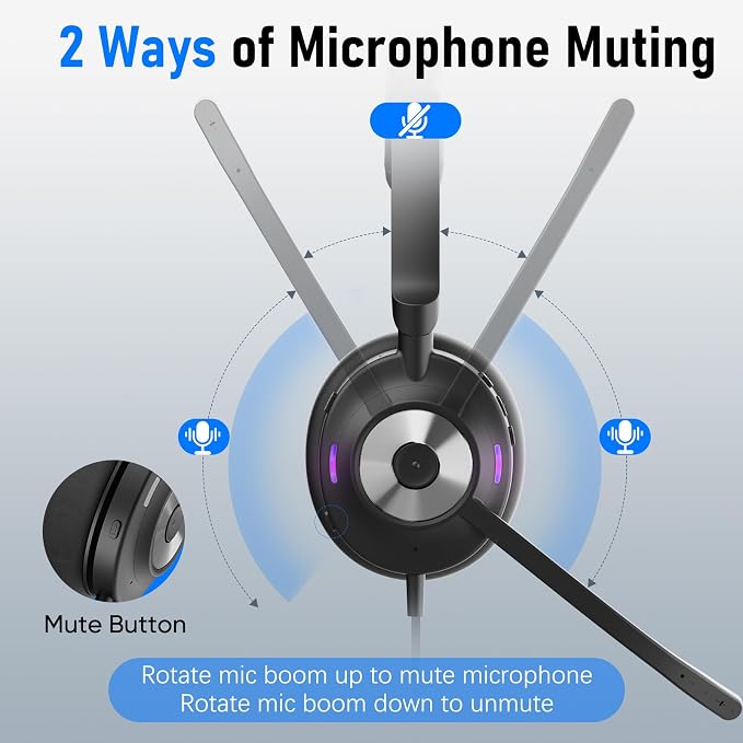 USB Headset with Microphone for PC, Active Noise Cancelling Headphones with ENC Noise Cancelling Mic, Wired Office Computer Headset with Mute for Call Center, Teams, Zoom - Image 4