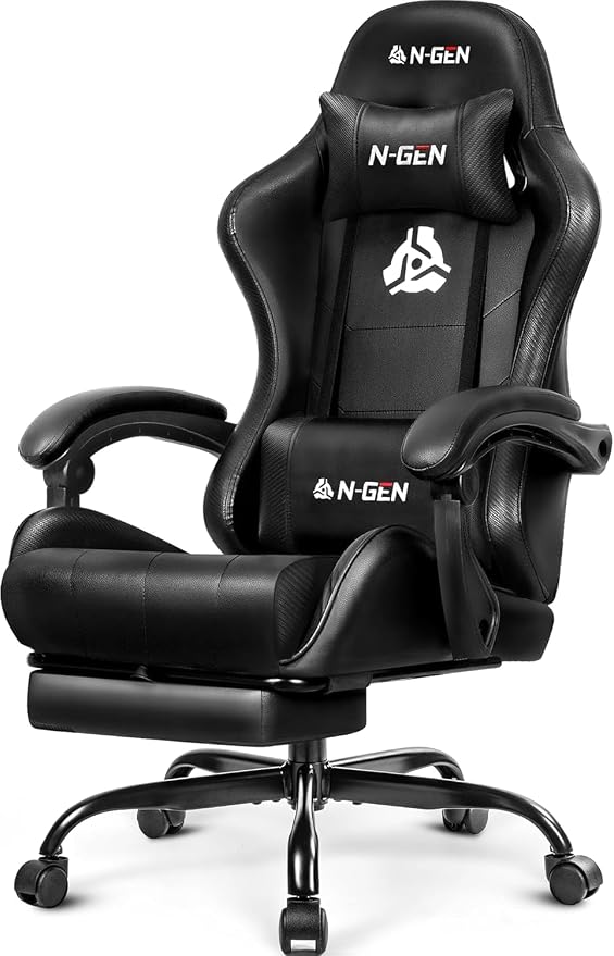 N-GEN GAMING Gaming Chair with Footrest, Lumbar Support, High-Back, Black | Reclining Backrest, Linkage Armrests, Durable PU Leather, Adjustable Comfort for Extended Computer, Desk, or Home Office Use by N-GENGAMING