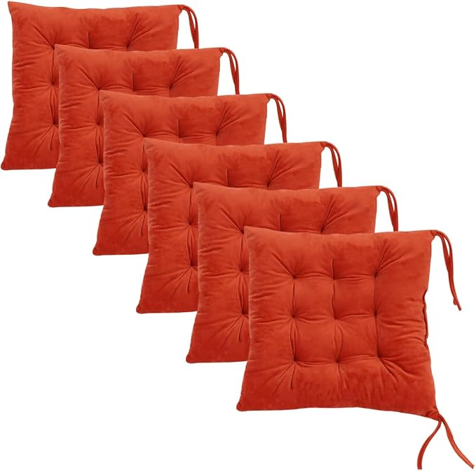 6 Pack Square Seat Cushion Chair Pads for Kitchen Dining Chairs, Soft Comfort Velvet Chair Mat Pillow Cushions with Ties for Office Desk Living Room Tatami 15.5", Orange by MissSoul