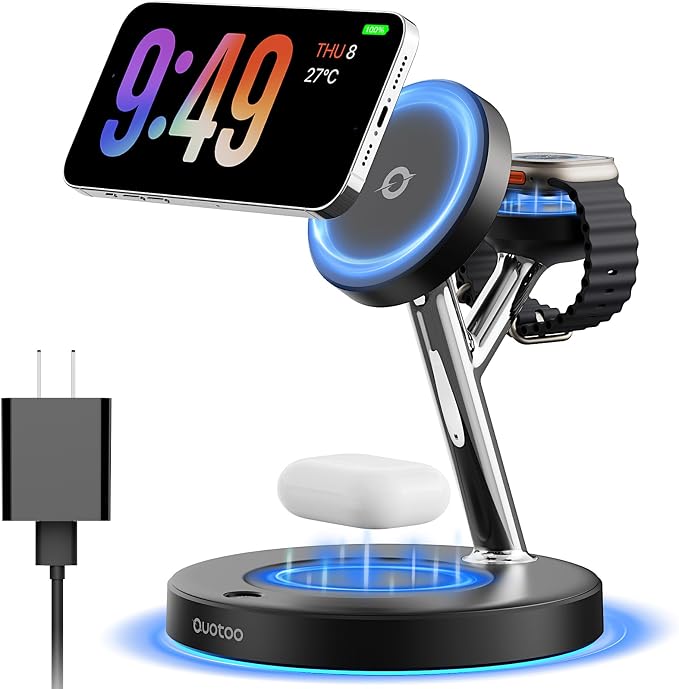 3 in 1 MagSafe Wireless Charger Stand for iPhone Apple Watch AirPods | Adjustable Blue Ambient Light,15W Magnetic Charging Station for iPhone 17 16 15 14 13 12 Series wireless charging station by Ouotoo