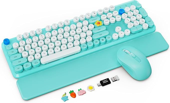 Wireless Keyboard and Mouse Combo, Blue, Round Keycaps, Magnetic Wrist Rest by Trueque