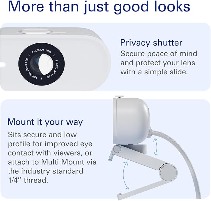 Elgato Facecam Neo, Full HD Webcam with Privacy Shutter | 1080p60 true HD video, HDR enabled, Plug and play setup, Easy-slide shutter, Zero-plastic packaging, USB-C - Image 6
