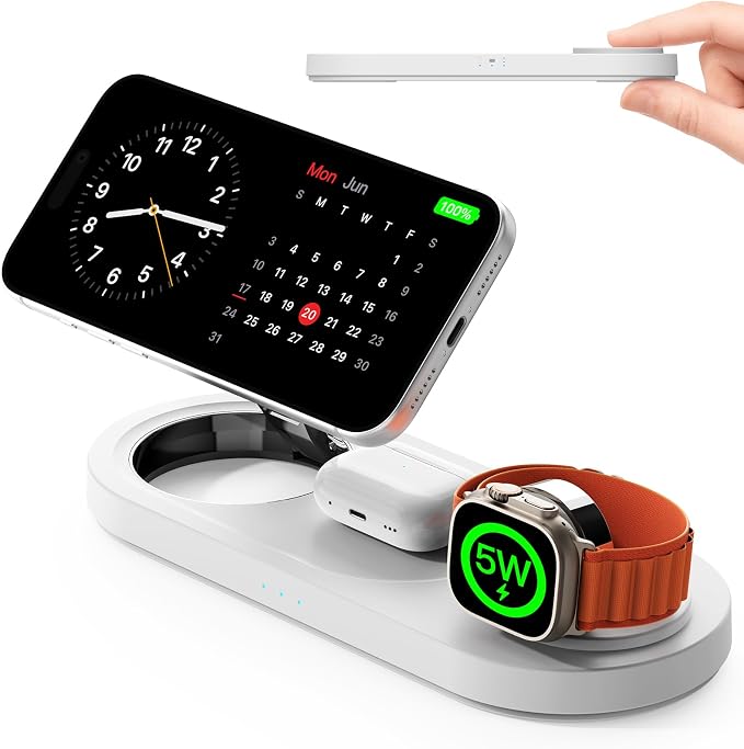 【Travel• Metal Bracket】 Magnetic 3 in 1 Wireless Charging Station,for iPhone17-12,Fast 5W Charger for Apple Watch AirPods,Foldable Stand MagSafe Charger Dock for Nightstand Desk Travel by Unknown