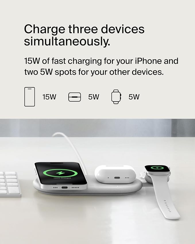 Belkin Qi2 15W Magnetic Wireless Charging Pad, 3 in 1 Fast Charger | MagSafe compatible, iPhone 17/16/15, AirPods, Apple Watch compatible, multi-device charging station, Magnetic - Image 3