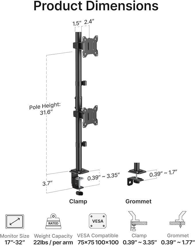 monTEK Stacked Dual Monitor Stand for 17-32", 22 lbs Each | Vertical dual-screen desk mount, height adjustment, tilt, swivel, rotation, clamp/grommet bases and VESA 75/100 - Image 9