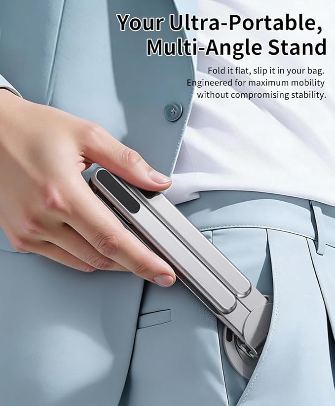 Laptop Stand for Desk, 8-Level Adjustable, Magnetic Phone Mount Silver | For 13–17 in laptops. Aluminum build, anti-slip support and fold-flat portability. Includes a magnetic ring and carry bag. - Image 6