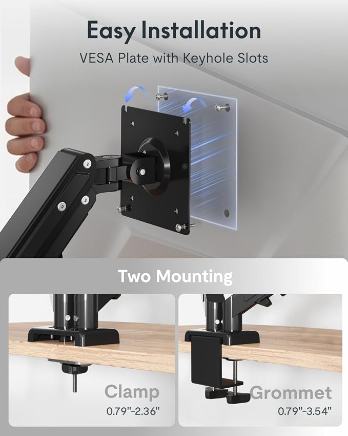 Flexispot Dual Monitor Arm, 17-32 Inch Monitor Mount up to 19.84 lbs, Fast Install VESA Mount for Home Office Gaming, Full Adjustable Gas Spring with C-Clamp and Grommet Base, Black - Image 4