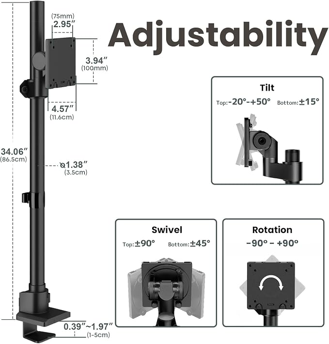 24-57'' Ultrawide Monitor Desk Mount, Extra Tall Aluminum Monitor Arm | Low Profile, Topside Clamp/Grommet Mounting, Tilt, Swivel, Rotate, Holds up to 59.4lbs, VESA 75x75/100x100 mm, Black - Image 6