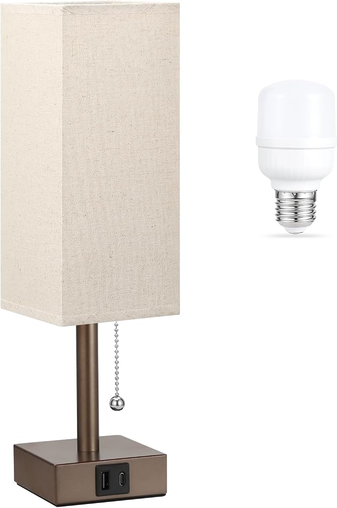 Brown Bedside Table Lamp for Bedroom - Desk Lamp For Nightstand, USB C+A | Pull Chain Lamp, 3 Color Modes(3000K/4000K/5000K), E26 LED Bulb Included, Square Brown Fabric Lampshade, for Read, Work, Dorm by Aooshine