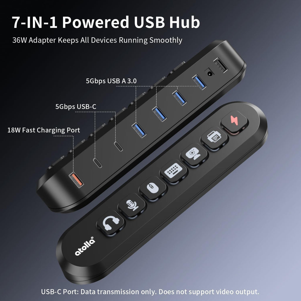 atolla 7-Port Powered USB Hub, 4 USB-A 3.0+2 USB-C 3.0+1 Fast Charging Port - Image 2