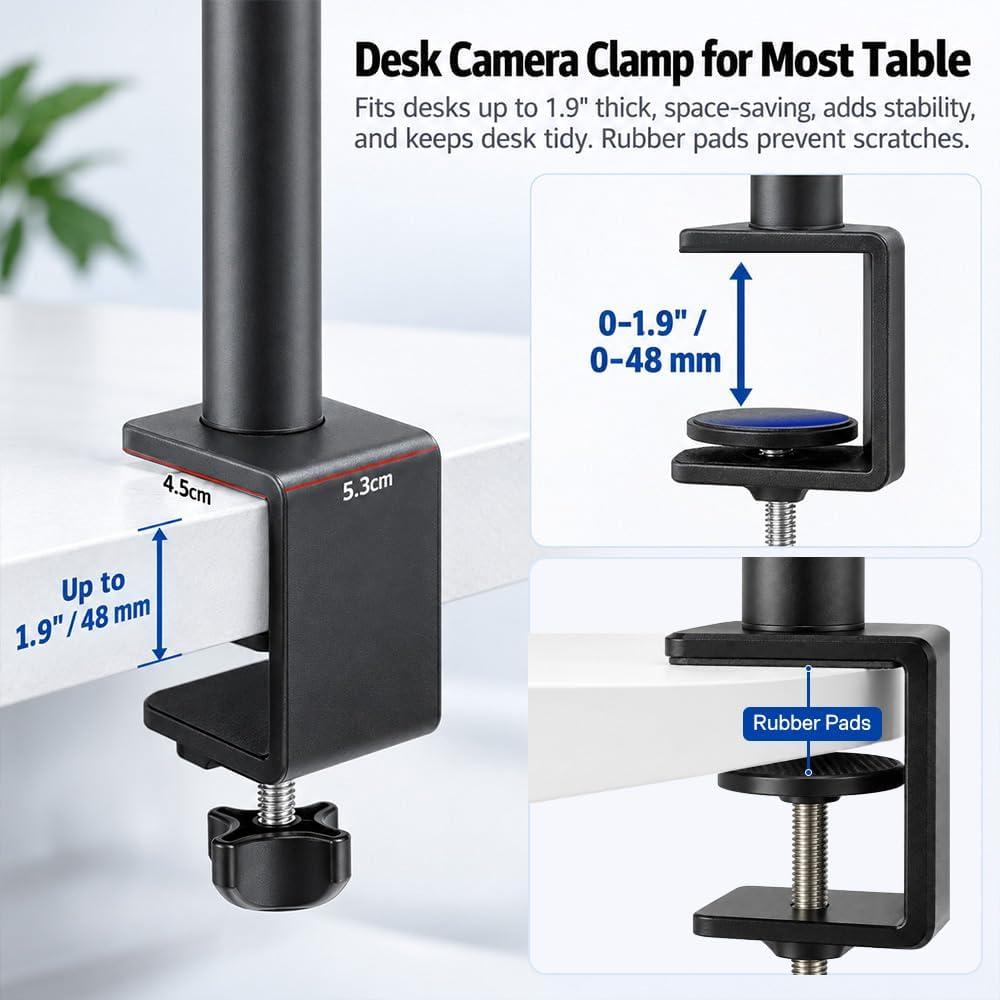 Camera Desk Mount Table Stand with Boom Arm and 1/4" Ball Head, Phone Desk Mount, Overhead Webcam Mount, Adjustable Light Stand Tabletop C Clamp for DSLR Ring Light Live Streaming Photo Video - Image 7