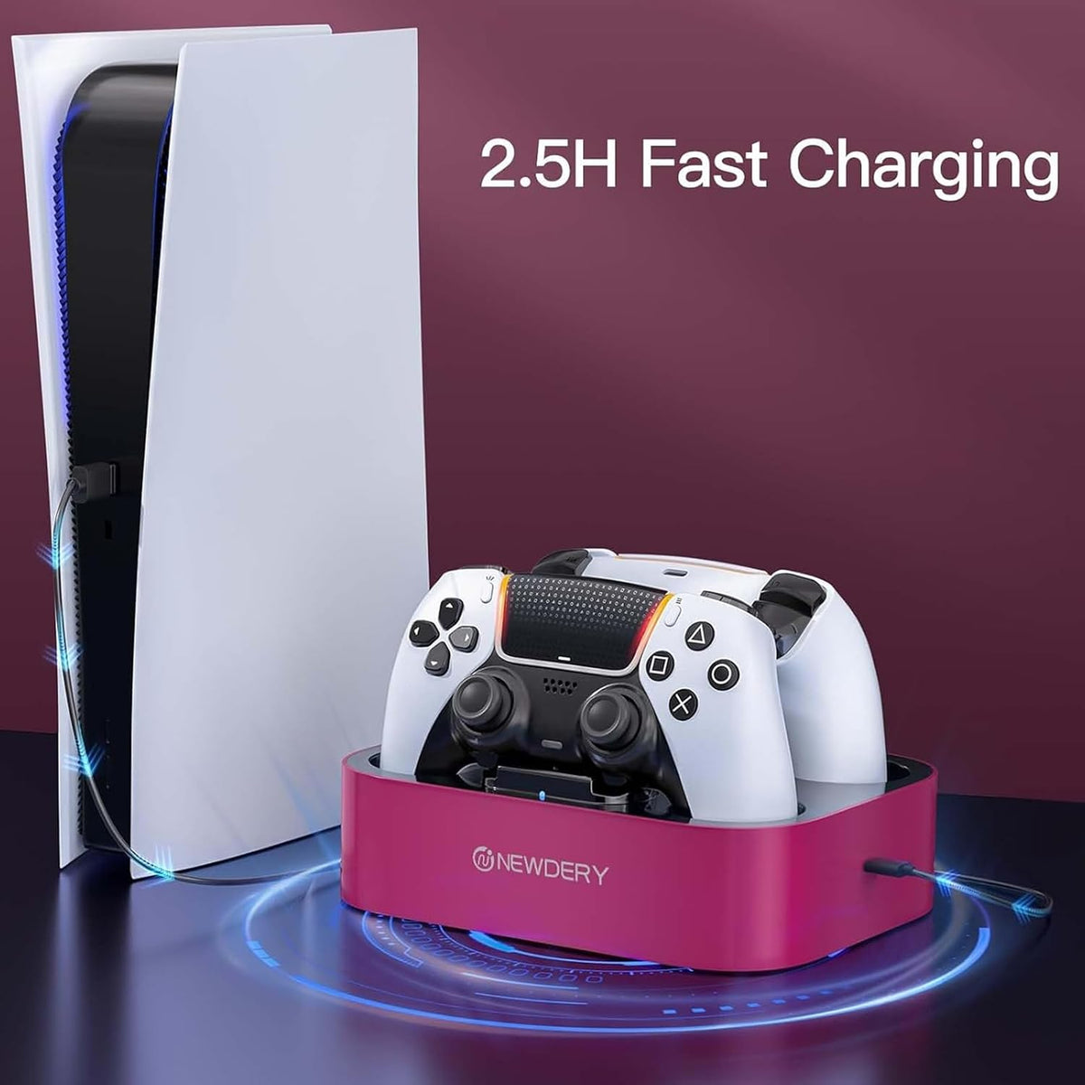 NEWDERY for PS5 Controller Charger Station, Dual Charging Dock for PlayStation 5 DualSense/Edge Controller, Fast Charging Stand with Type-C Cable, Gamer Gift for Women & Girls, Mother's Day - Image 2