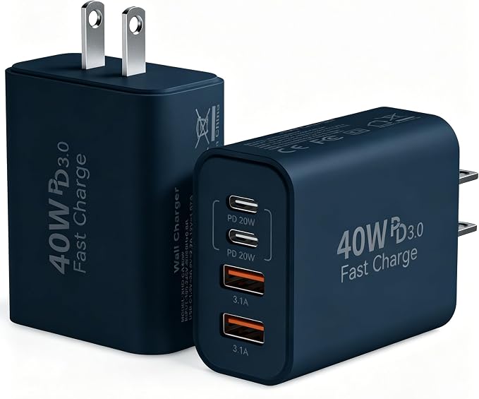 USB C Wall Fast Charger Block, 40W 4-Port Type C Charger Fast Charging Blocks PD Power Charger Adapter+QC 3.0 USB Multiport Charger Brick for Phone 17/16/15/14/13/12 Pro Max, Pad, GalaxyS25-Navy Blue by Duloch