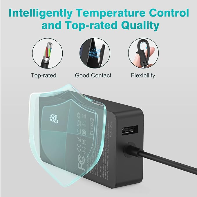 65W Charger Compatible with Microsoft Surface Pro 11, 10, 9, 8, 7+, 7, 6, 5, 4, 3, X, Power Adapter for Windows Surface Laptop 7/6/5/4/3/2/1, Go Tablet, Book 3/2/1, Support 44W, 36W, LED, 10FT - Image 4