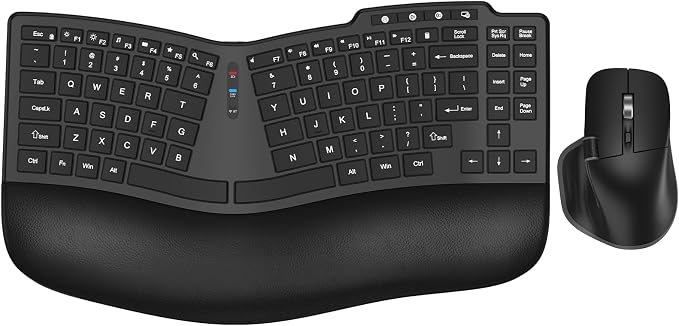 Ergonomic Wireless Keyboard Mouse, Wave Key Bluetooth/2.4G Split Design Ergo Keyboard Mouse Combo with Cushioned Palm Rest, Multi-Device, Rechargeable, for Multi-OS, Windows/Mac/Android by EDJO